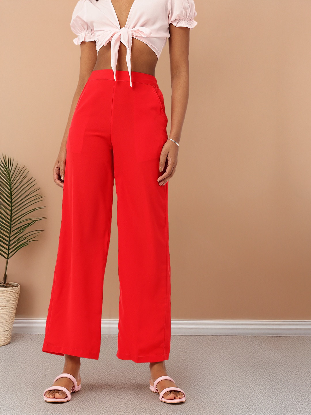 

DressBerry Women Cherry Red Smart Staple Parallel Trousers