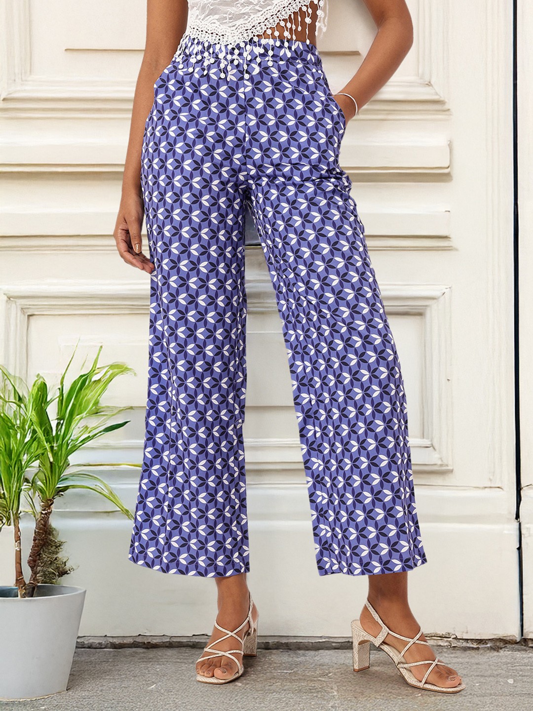 

DressBerry Women Indigo Indo Energy Wide Leg Flared Trousers, Navy blue