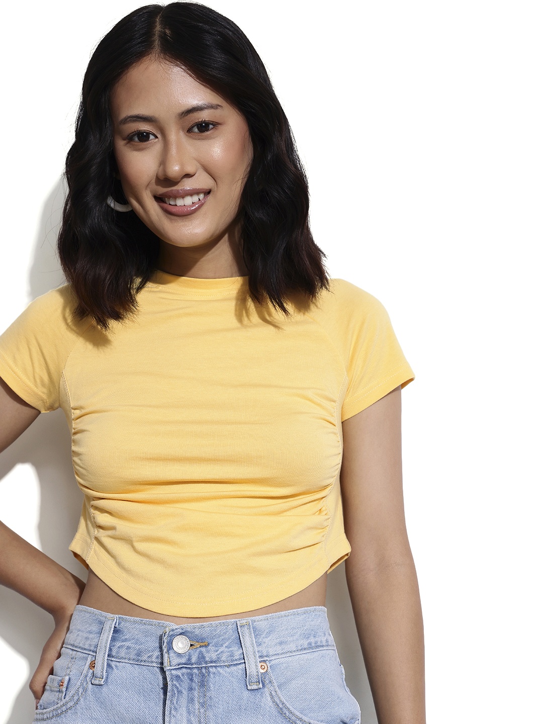 

DressBerry Y2K Cut-Out Revival Ruched Crop Top, Yellow