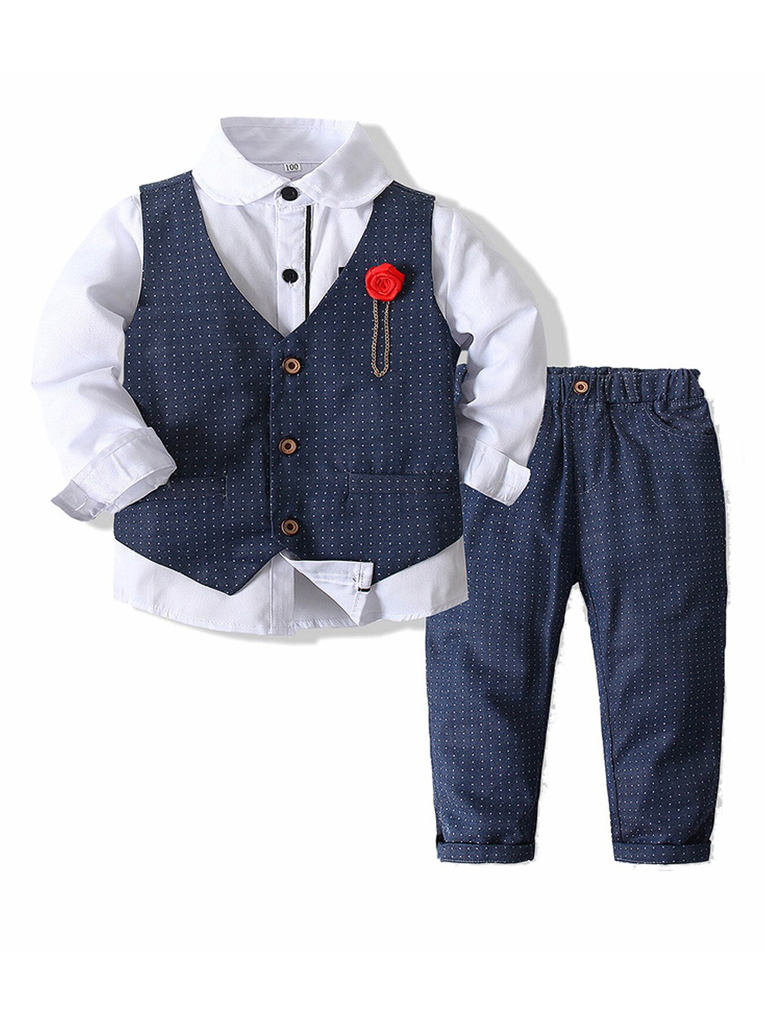 

BAESD Boys Tailored Fit Printed Single-Breasted Pure Cotton 3 Piece Suit, Navy blue