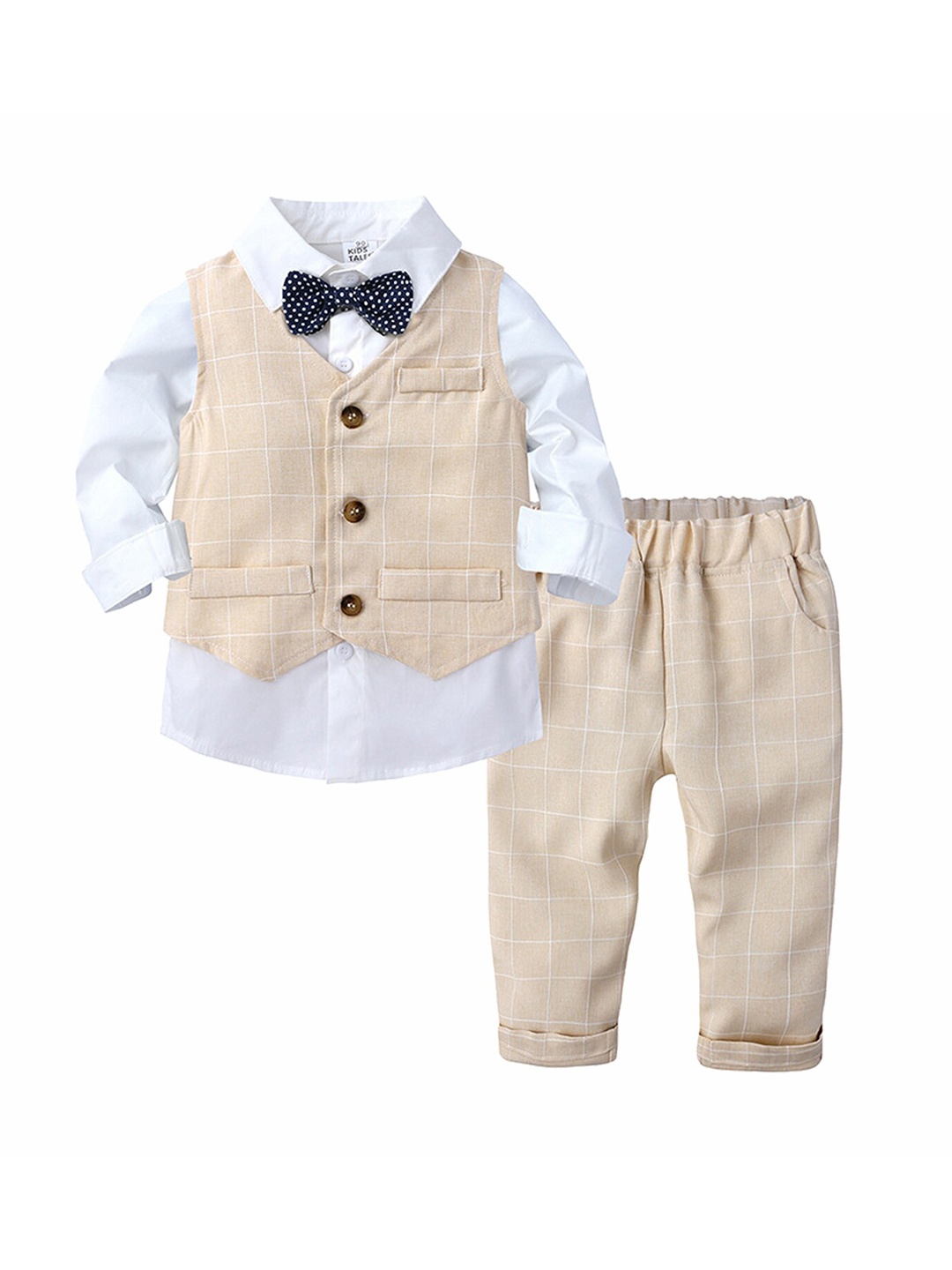 

BAESD Boys Tailored Fit Checked Single-Breasted Pure Cotton 3 Piece Suit, Beige