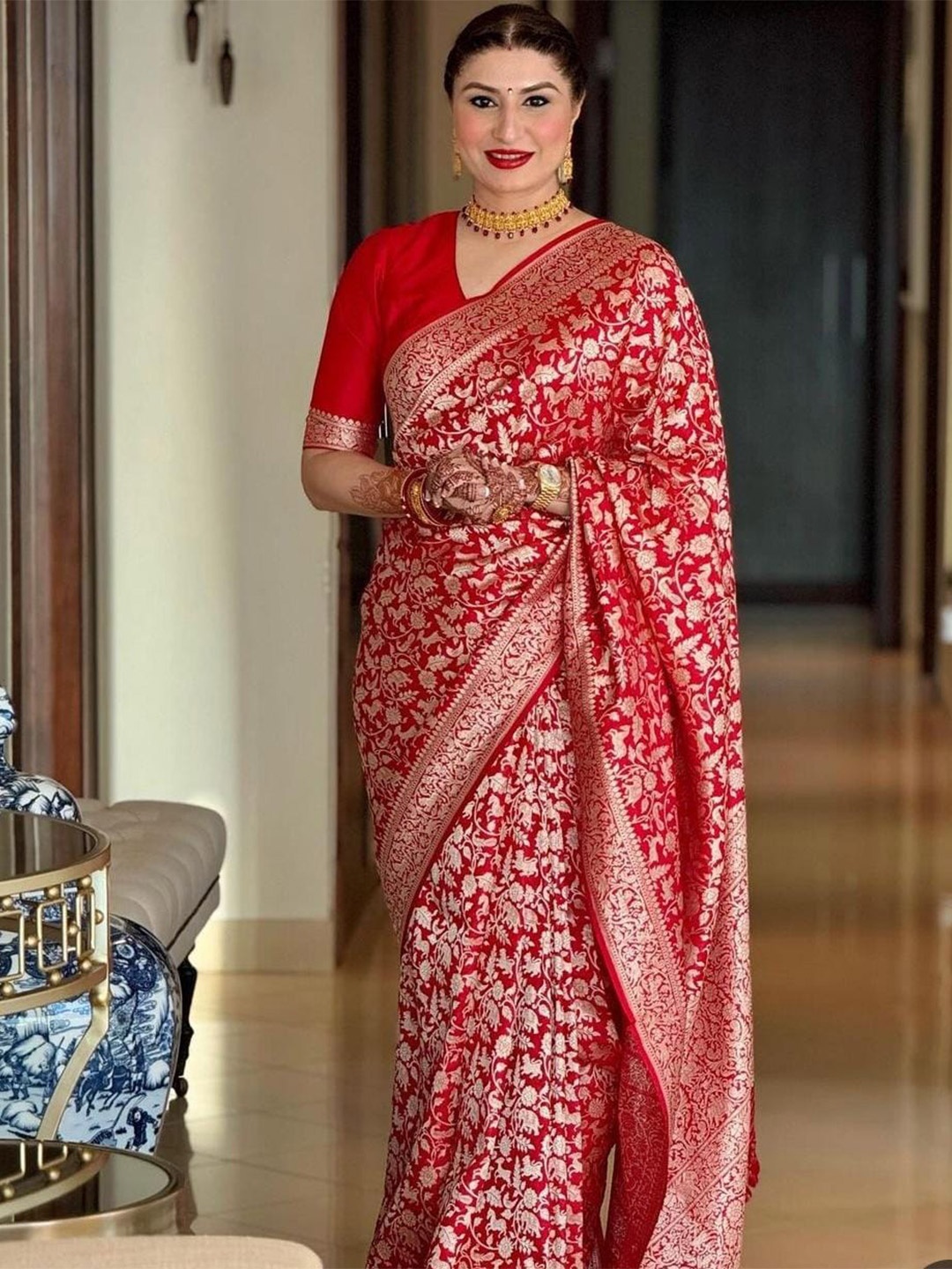 

PHEASANT Ethnic Motifs Woven Design Zari Pure Silk Banarasi Saree, Red