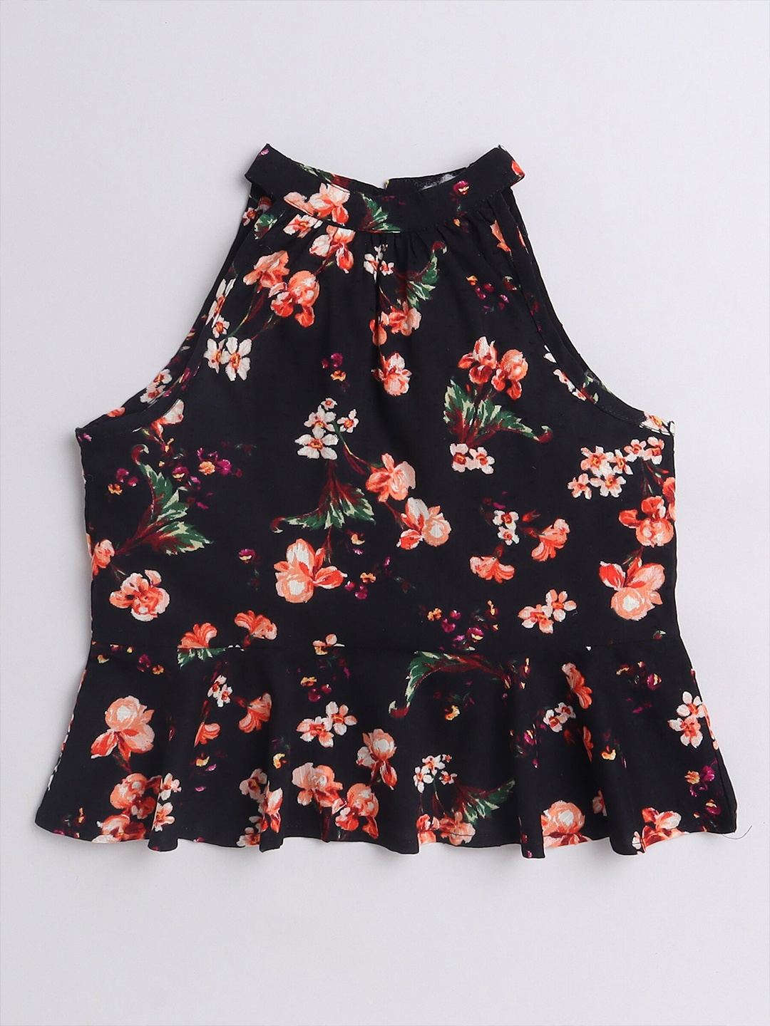 

AWW HUNNIE Floral Printed Halter Neck Pure Cotton Peplum Top, Black