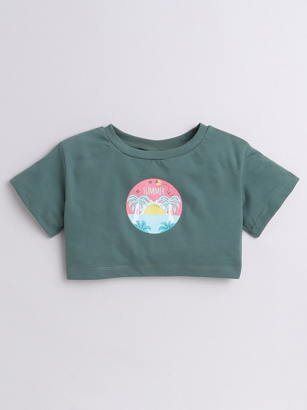 

AWW HUNNIE Girls Graphic Printed Round Neck Short Sleeves Crop Boxy T-shirt, Green