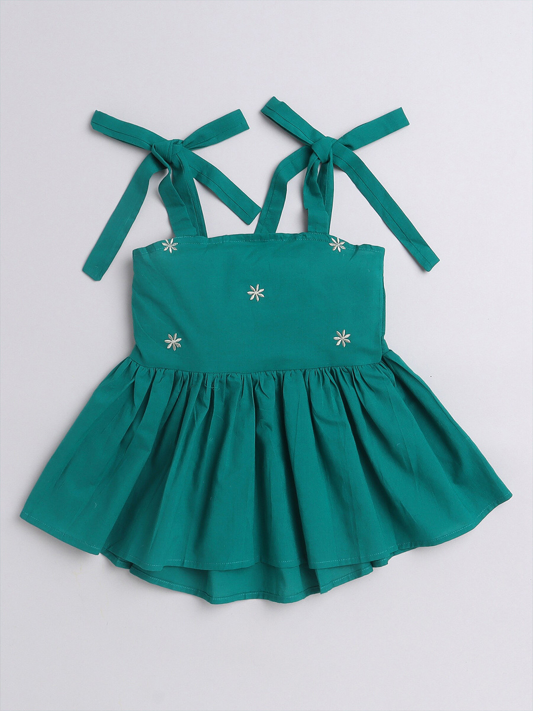 

AWW HUNNIE Girls Floral Embroidered Gathered Detailed Pure Cotton Peplum Top, Green