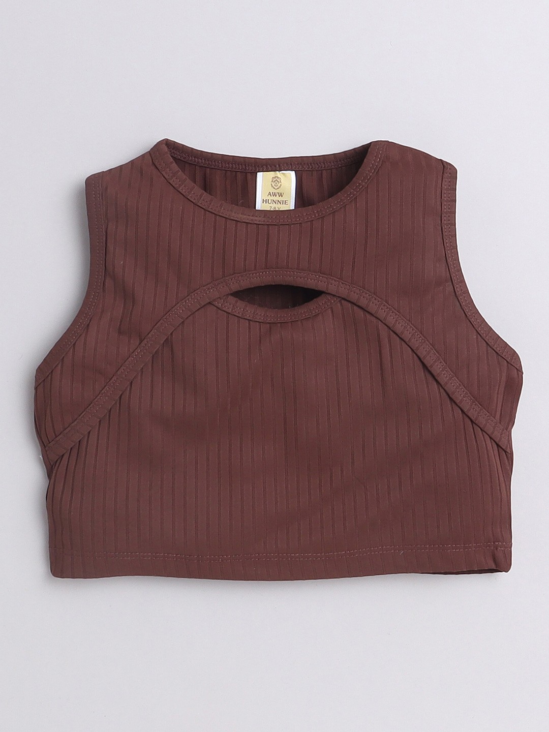 

AWW HUNNIE Girls Vertical Striped Cut-Out Detailed Fitted Crop Top, Brown