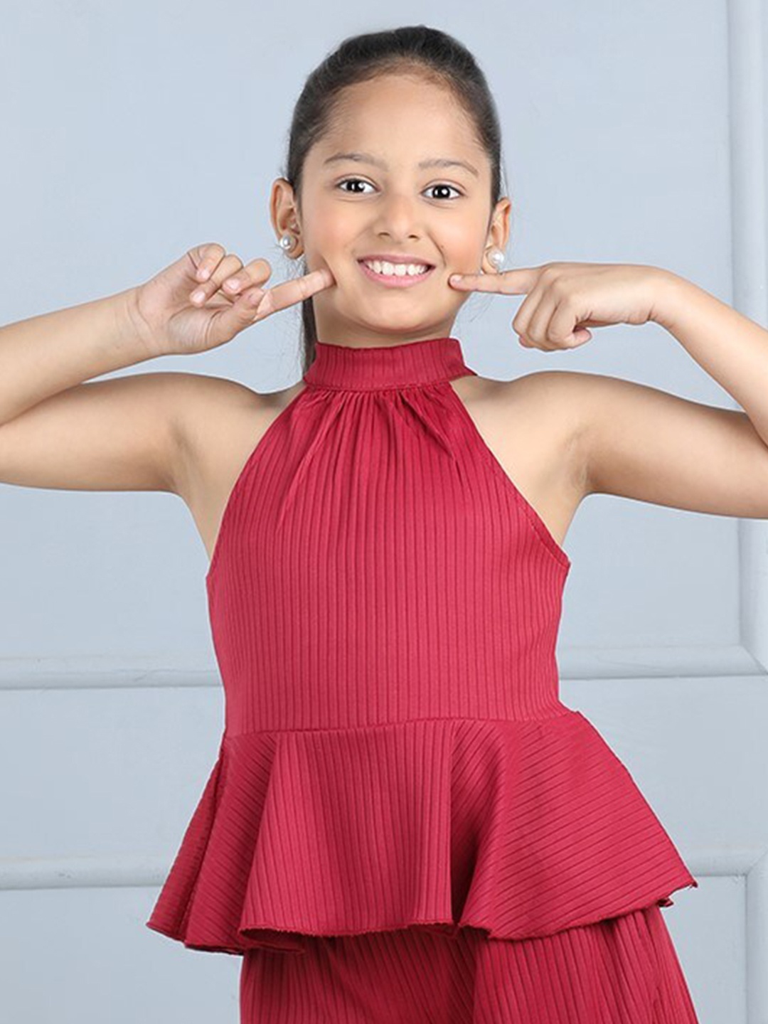 

AWW HUNNIE Vertical Striped Halter Neck Peplum Top, Maroon