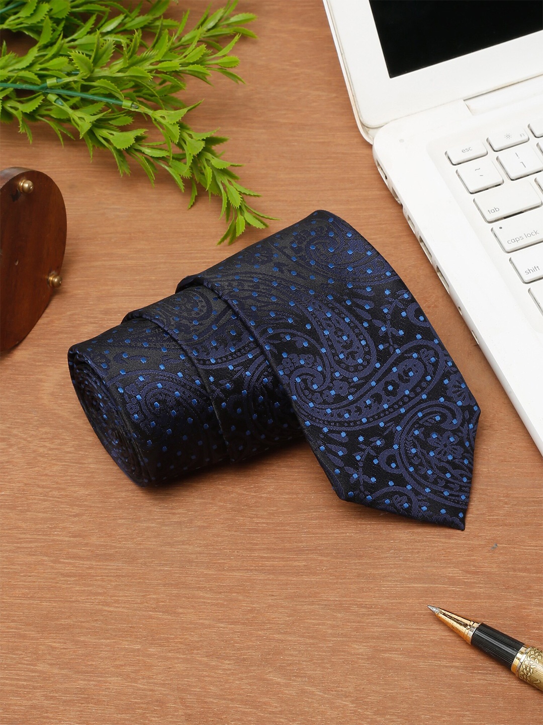 

Cantabil Men Woven Design Broad Tie, Navy blue