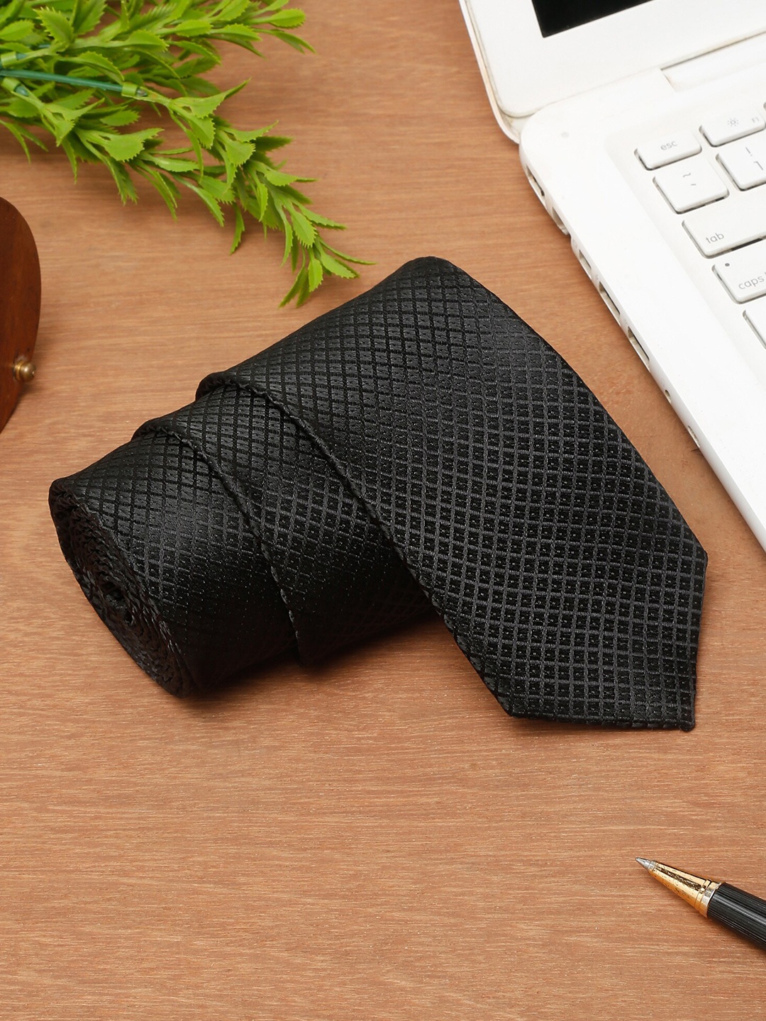 

Cantabil Men Woven Design Broad Tie, Black