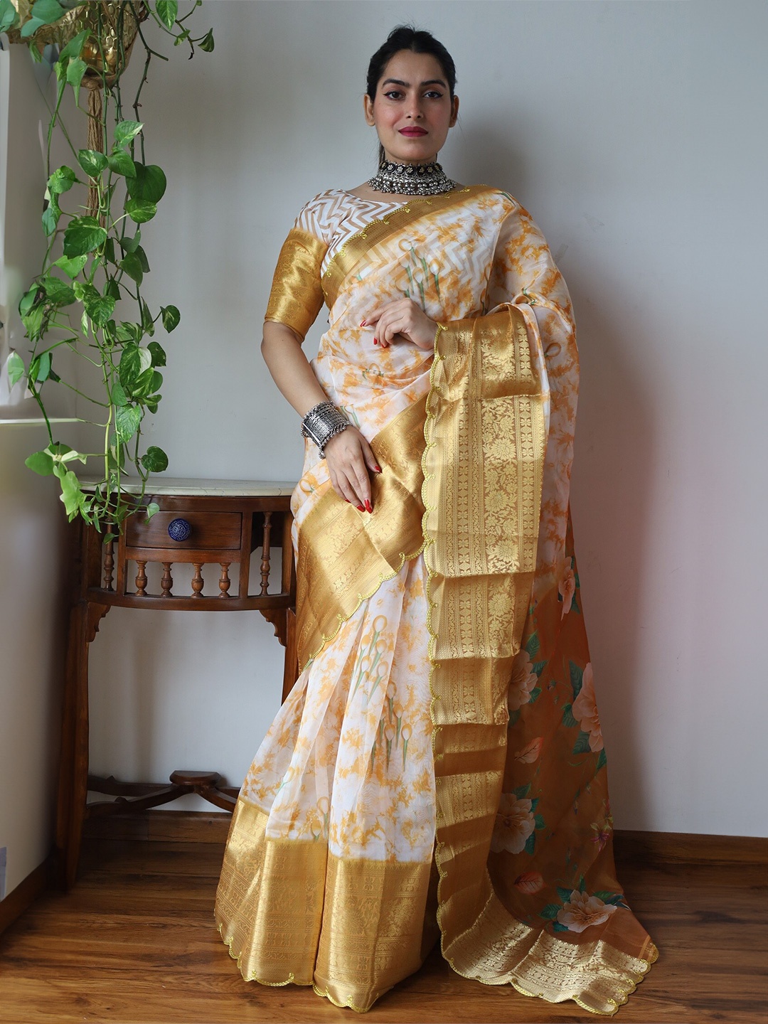 

Anouk Tie and Dye Zari Saree, Mustard