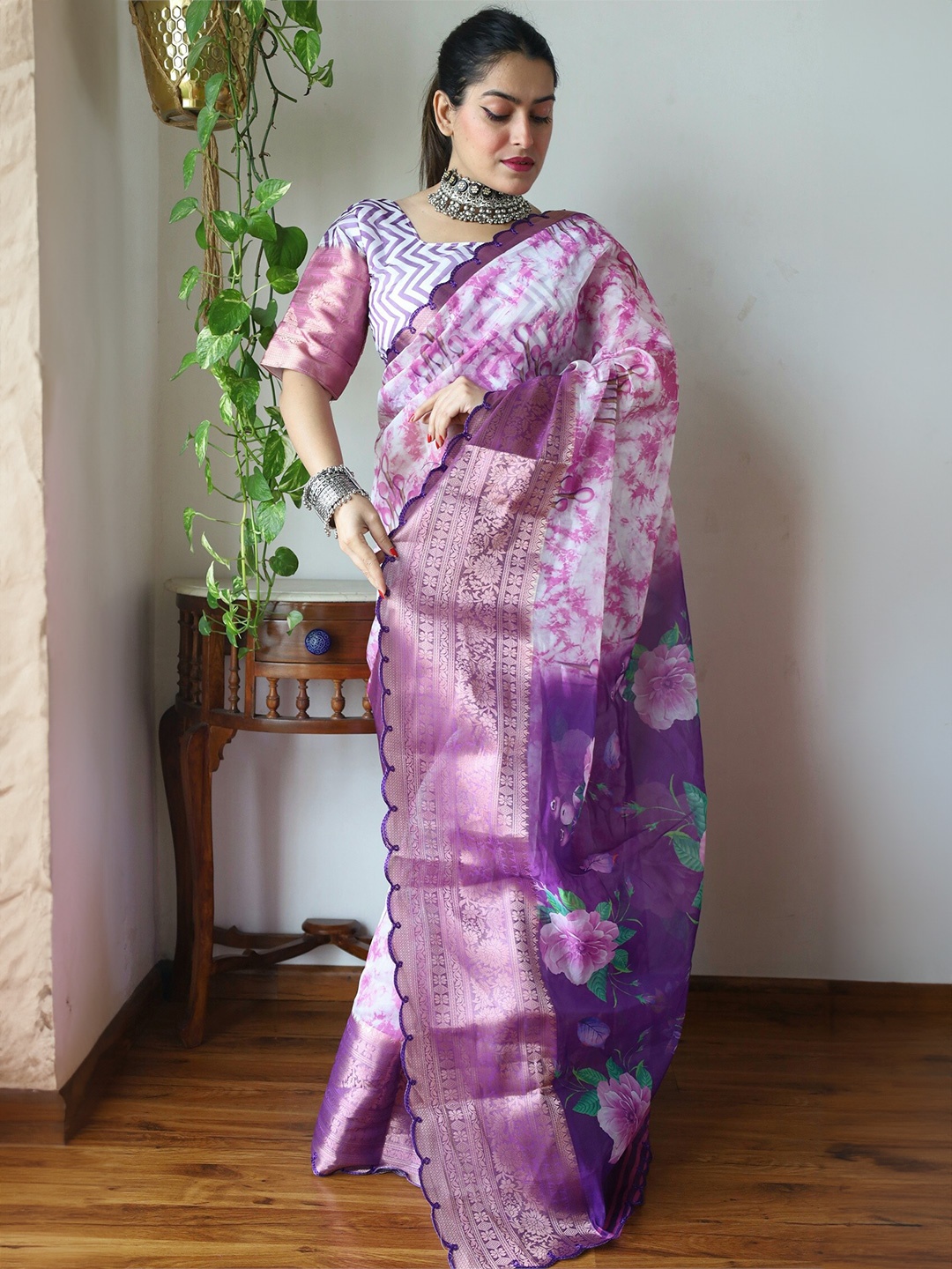 

Anouk Tie and Dye Zari Saree, Magenta