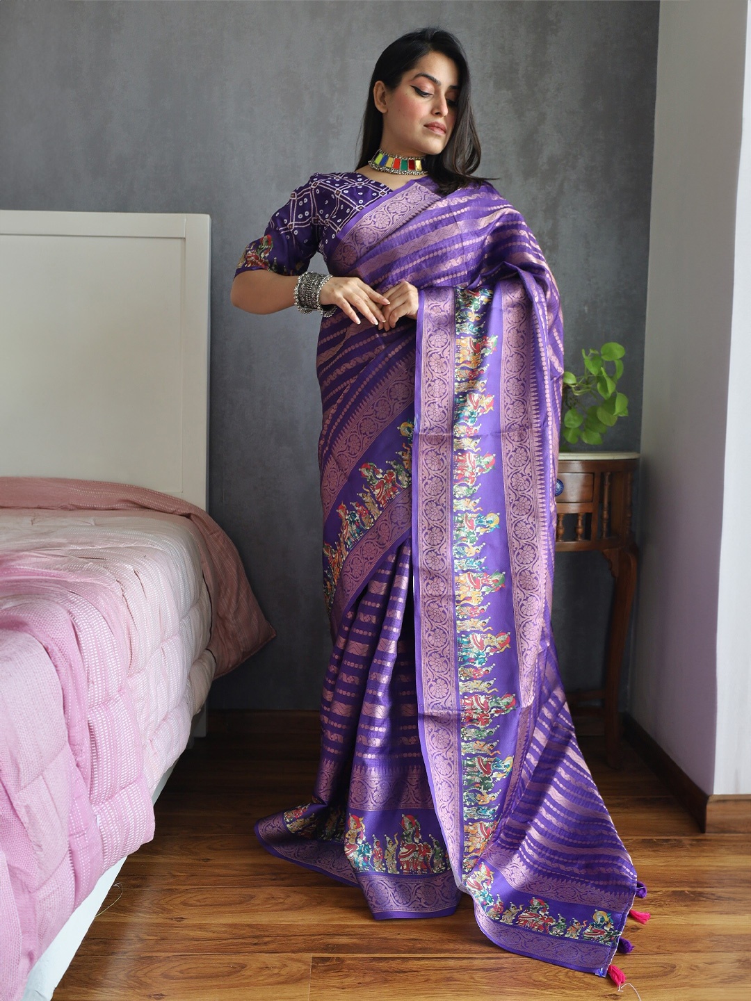 

Anouk Ethnic Motifs Printed Zari Kota Saree, Purple