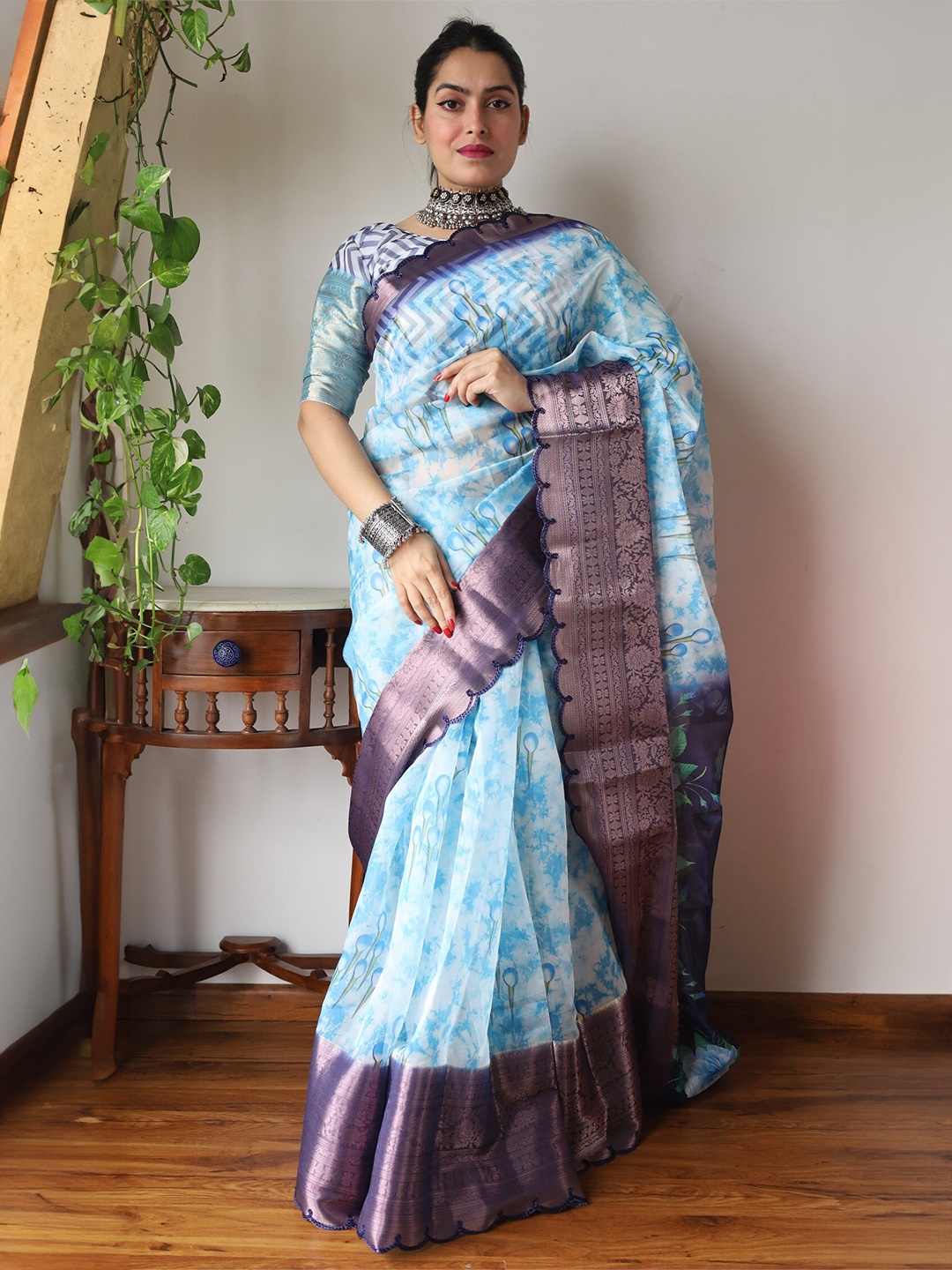 

Anouk Tie and Dye Zari Saree, Blue