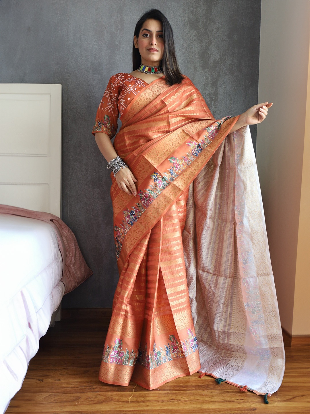 

Anouk Floral Woven Design Zari Kota Saree, Rust