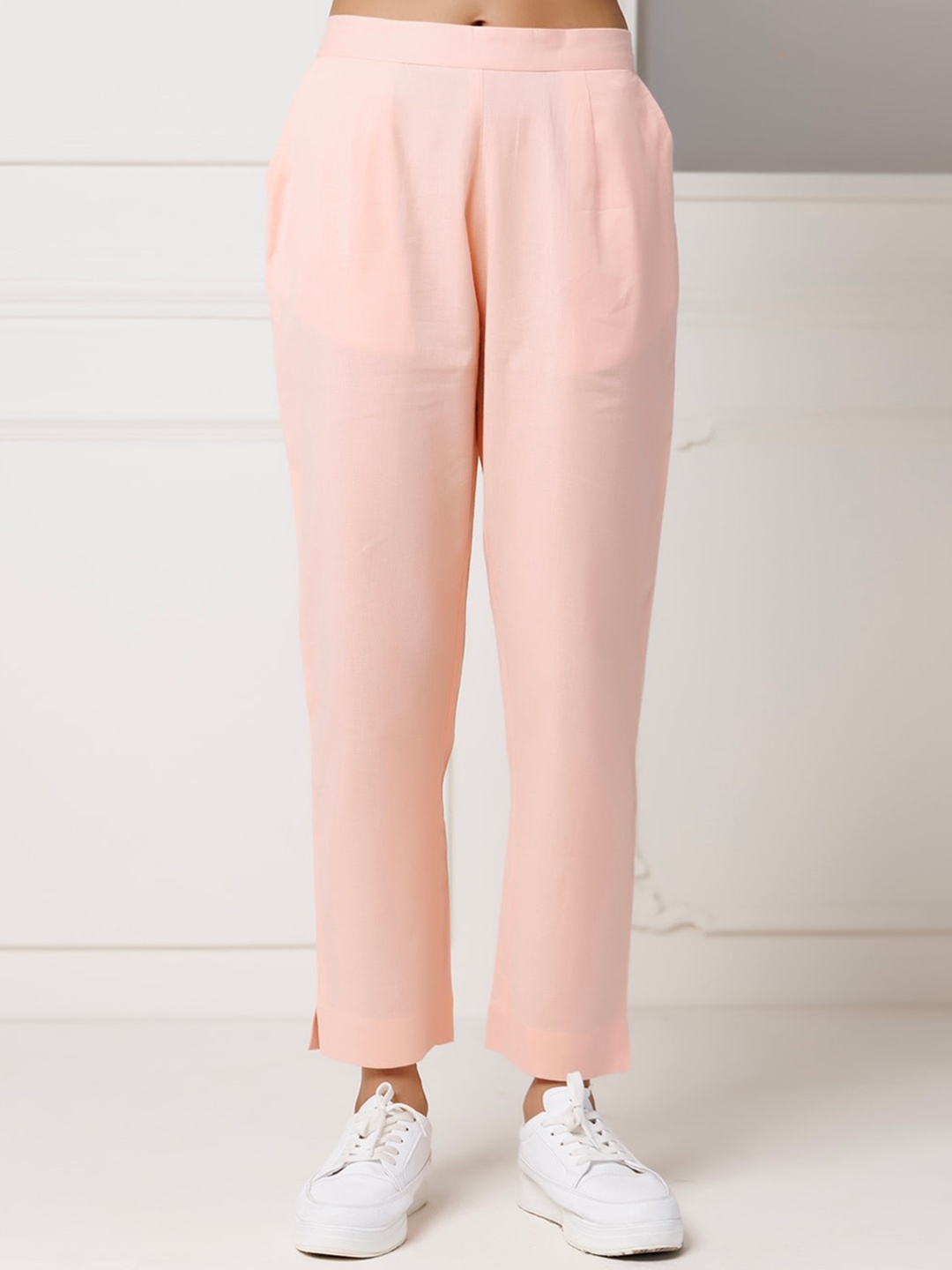 

INDIANIC Women Smart Cotton High-Rise Trousers, Peach
