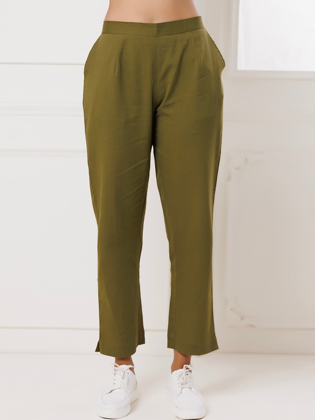 

INDIANIC Women Smart High-Rise Travel Features Cotton Trousers, Olive