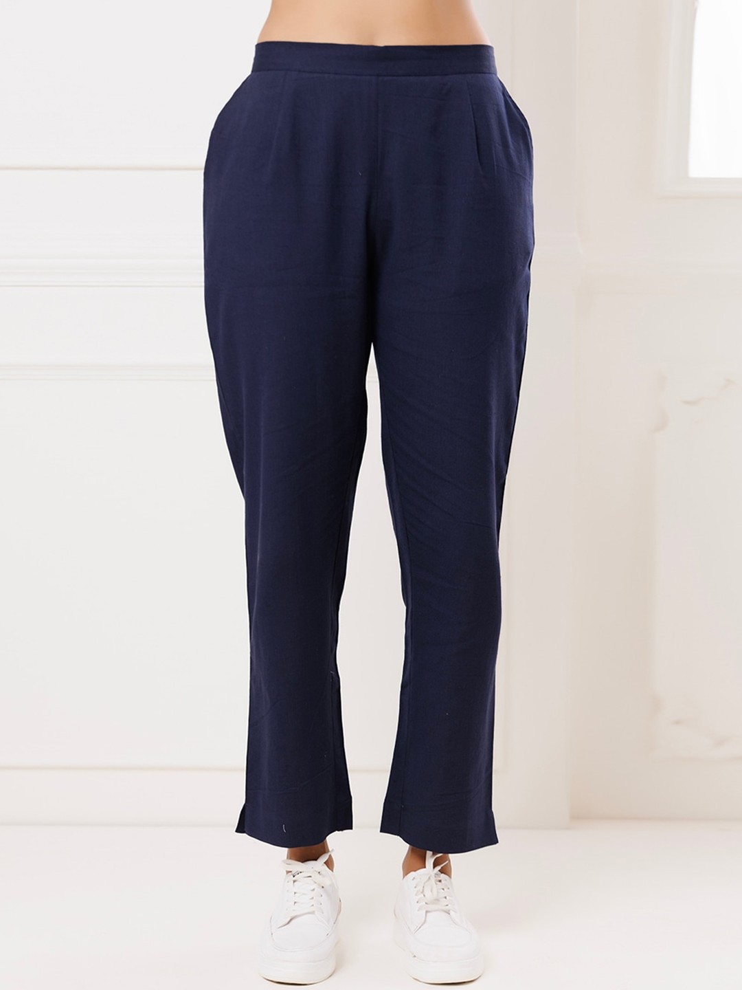 

INDIANIC Women Smart Cotton High-Rise Trousers, Blue