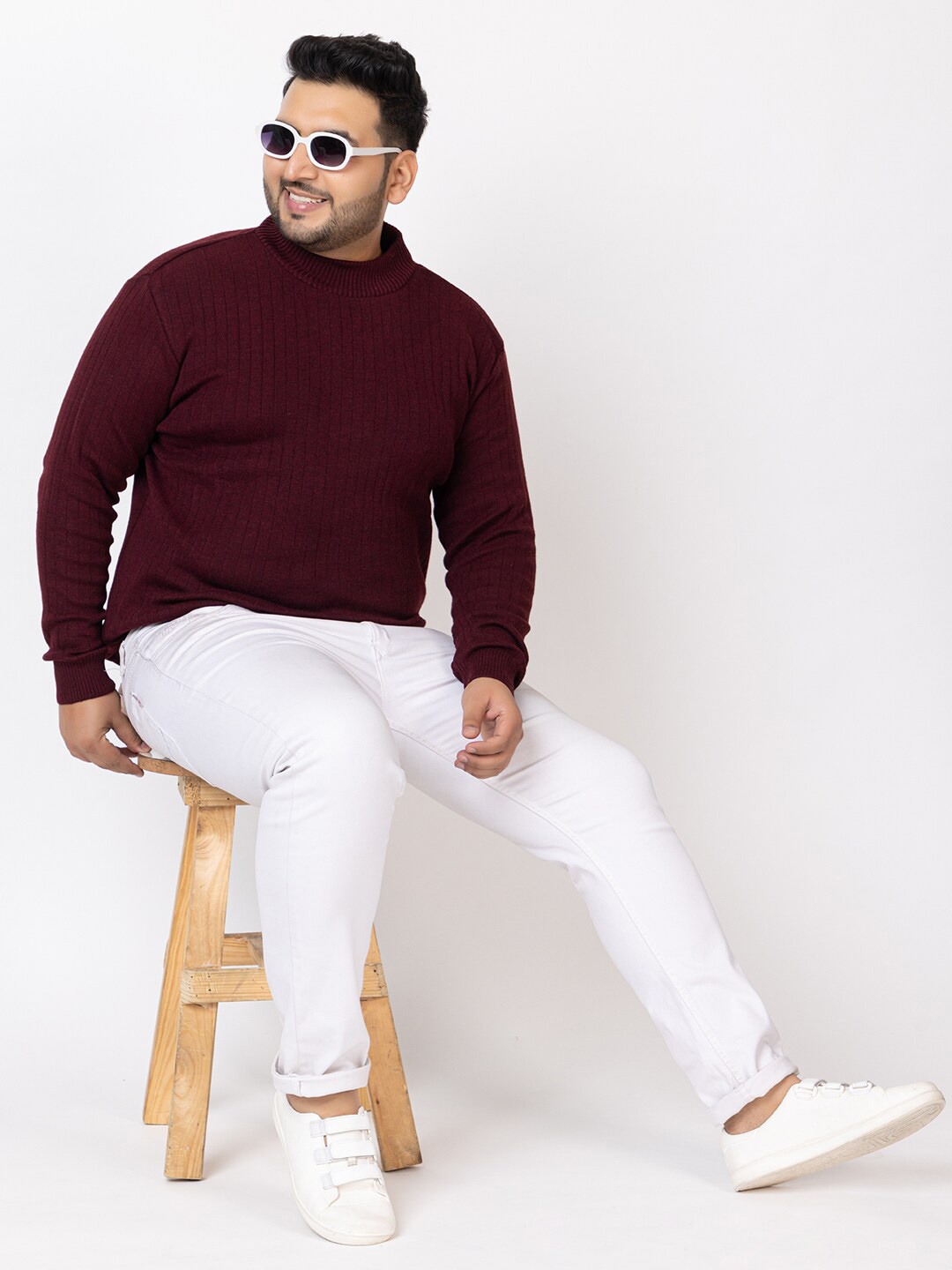 

KVETOO Striped Acrylic Turtle Neck Pullover Plus Size Sweater, Maroon
