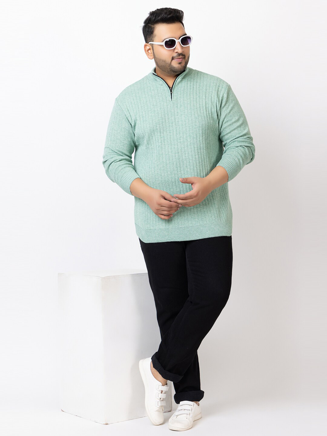 

KVETOO Plus Size Striped Turtle Neck Half Zipper Acrylic Pullover Sweater, Sea green