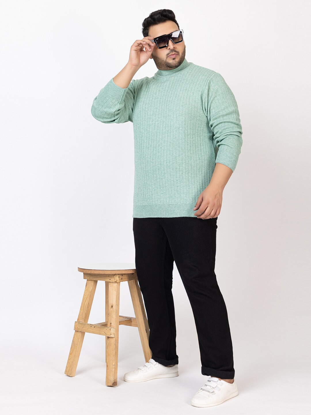 

KVETOO Striped Acrylic Turtle Neck Pullover Plus Size Sweater, Sea green