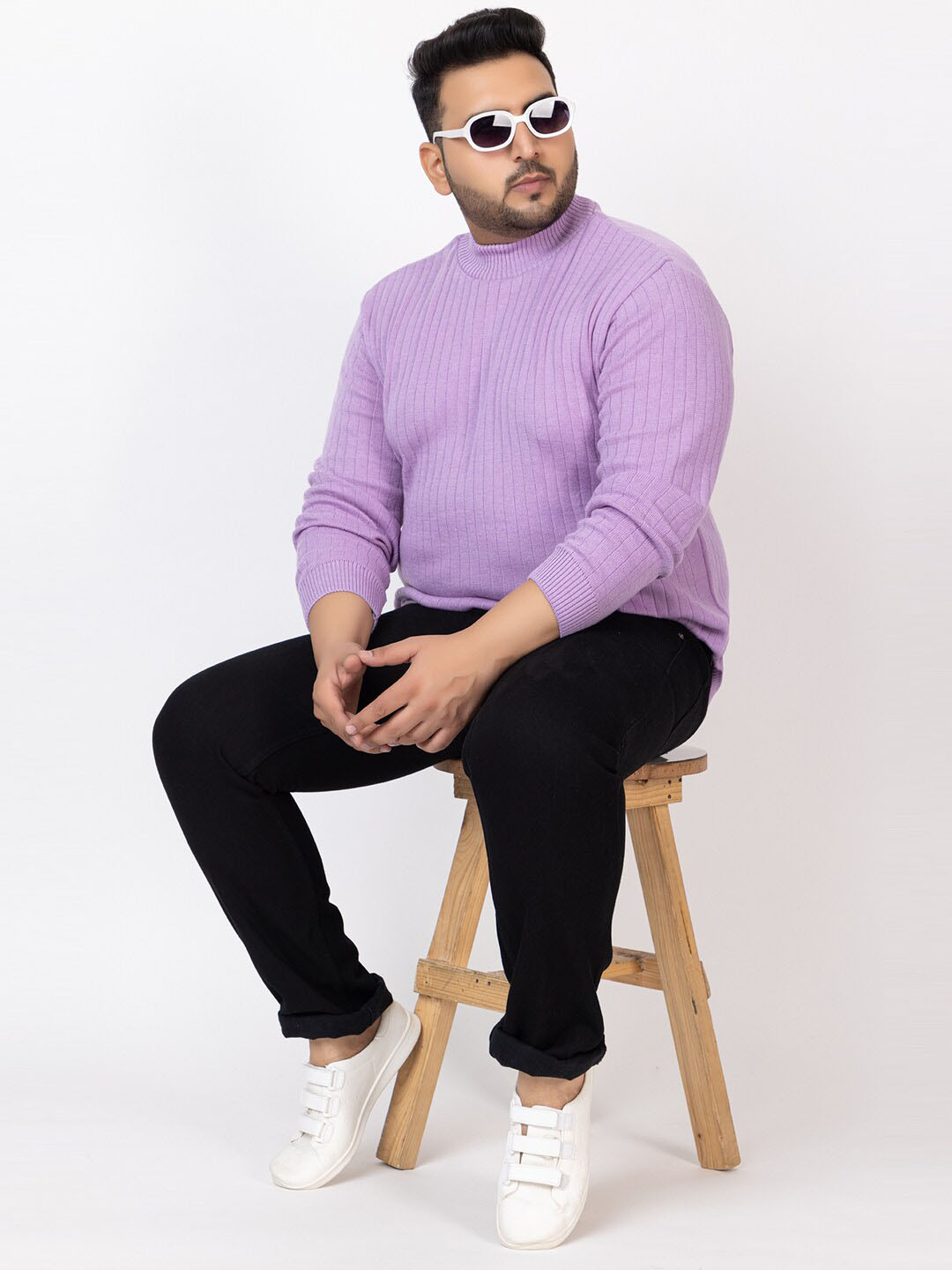 

KVETOO Plus Size Turtle Neck Striped Pullover Sweater, Lavender