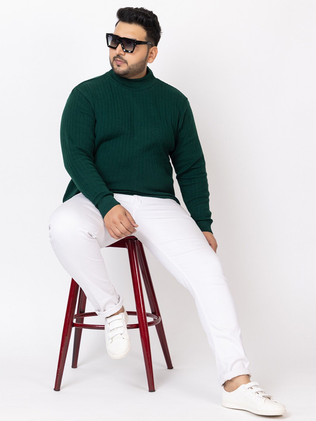 

KVETOO Plus Size Turtle Neck Striped Pullover, Green