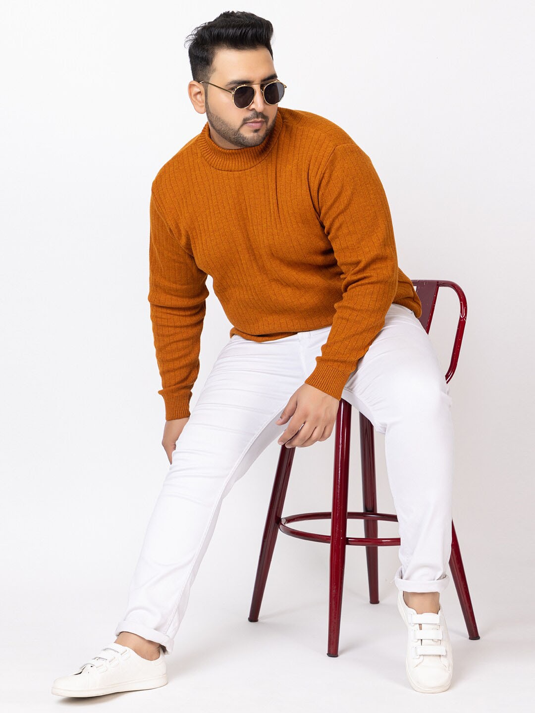 

KVETOO Plus Size Turtle Neck Striped Pullover Sweater, Rust