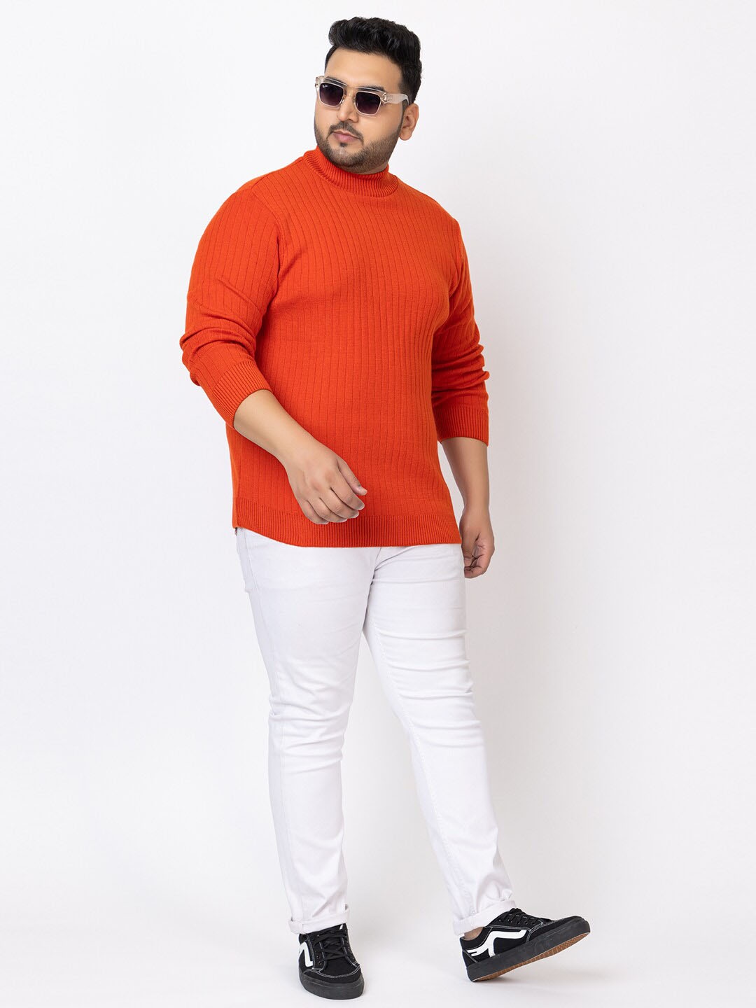 

KVETOO Plus Size Turtle Neck Striped Pullover Sweater, Orange
