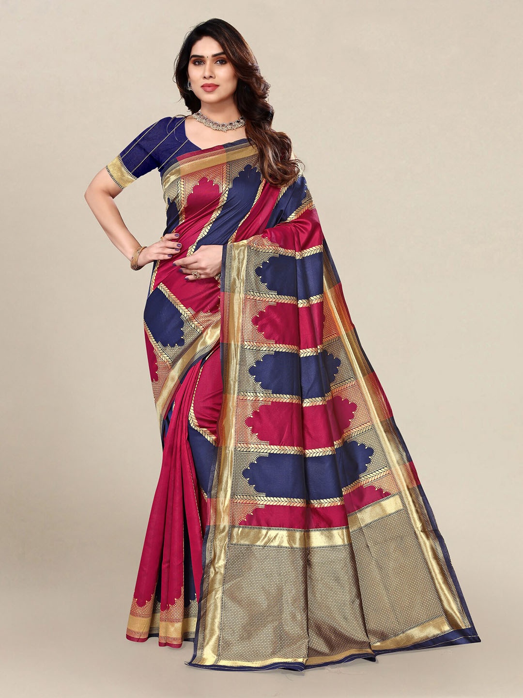 

Om Shantam Sarees Ethnic Motifs Zari Banarasi Saree, Navy blue