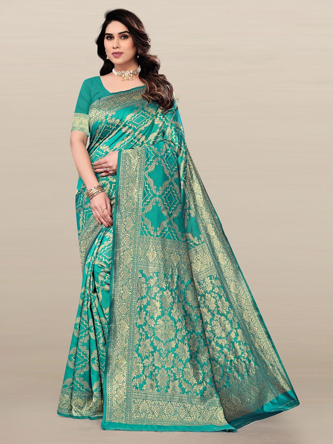 

Om Shantam Sarees Ethnic Motifs Zari Kanjeevaram Saree, Teal