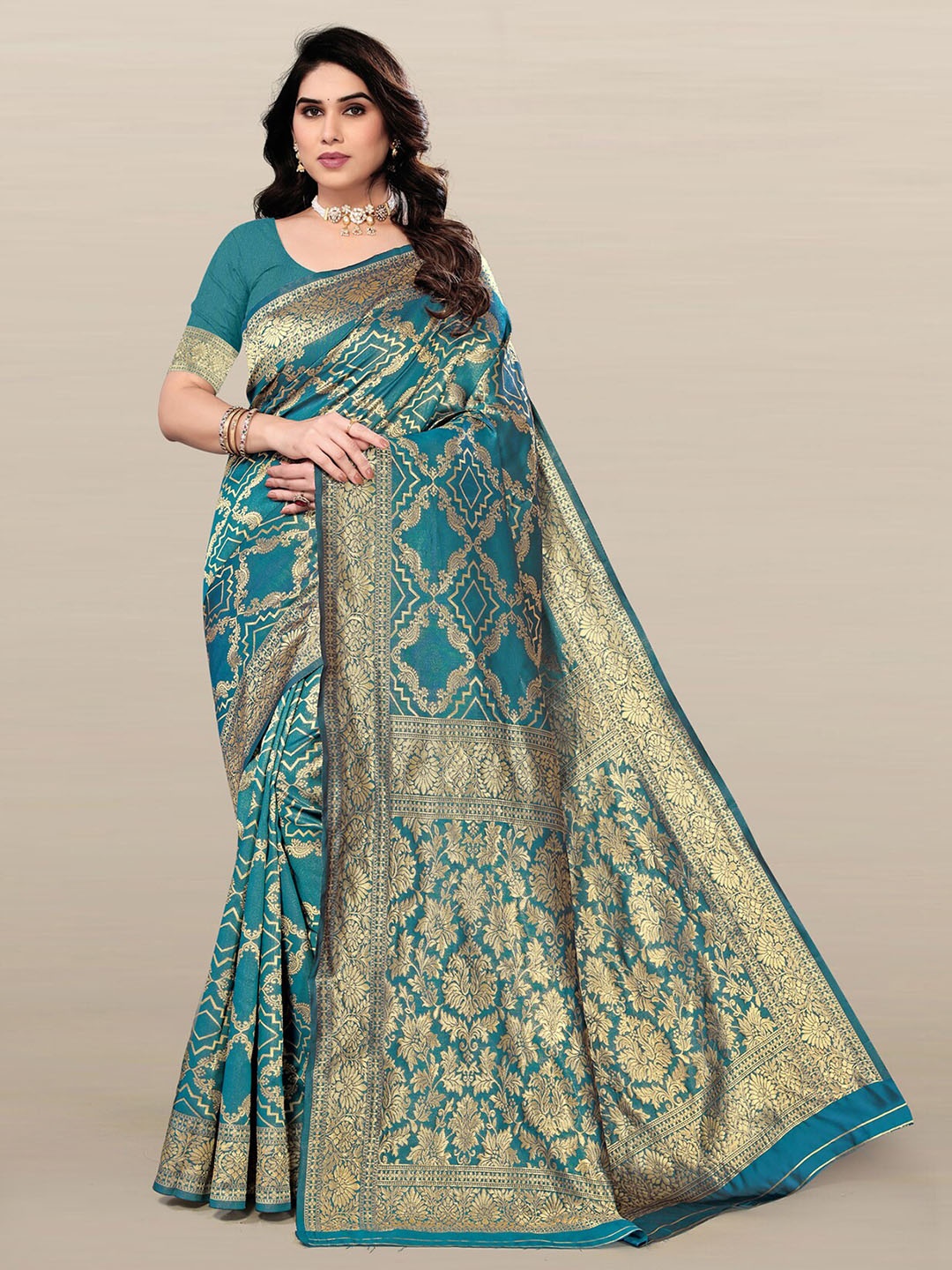 

Om Shantam Sarees Ethnic Motifs Zari Kanjeevaram Saree, Turquoise blue