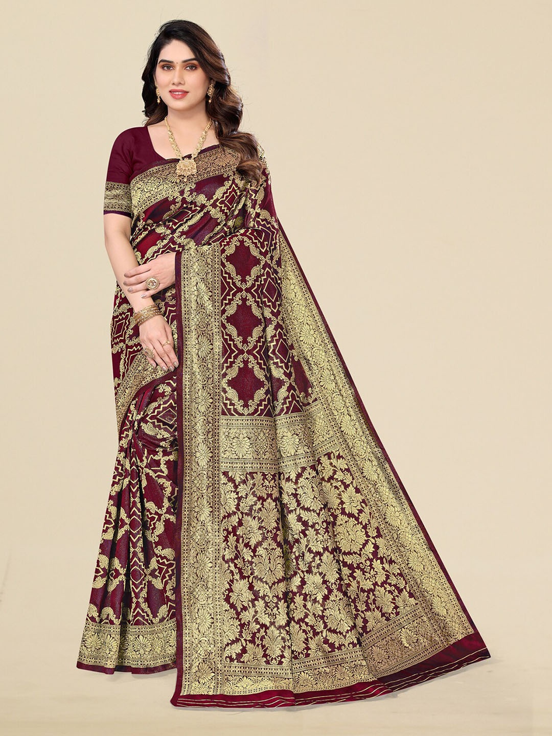 

Om Shantam Sarees Woven Design Zari Kanjeevaram Saree, Maroon