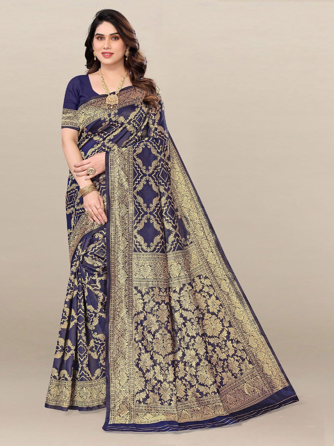 

Om Shantam Sarees Woven Design Zari Kanjeevaram Saree, Navy blue