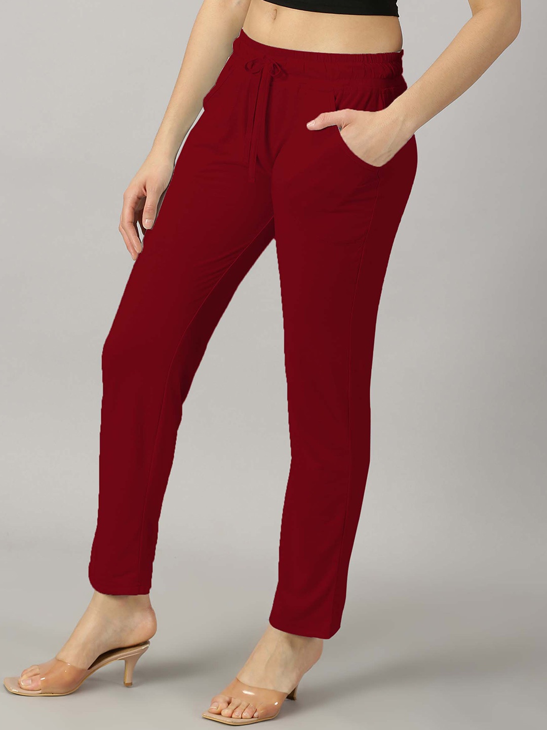 

AUSK Women Relaxed Slim Fit High-Rise Plain Regular Trousers, Maroon