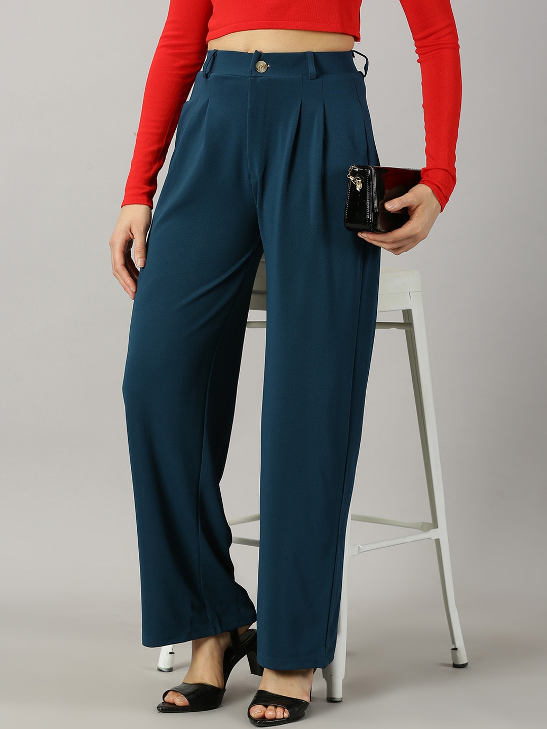 

AUSK Women Relaxed High-Rise Plain Pleated Parallel Trousers, Teal
