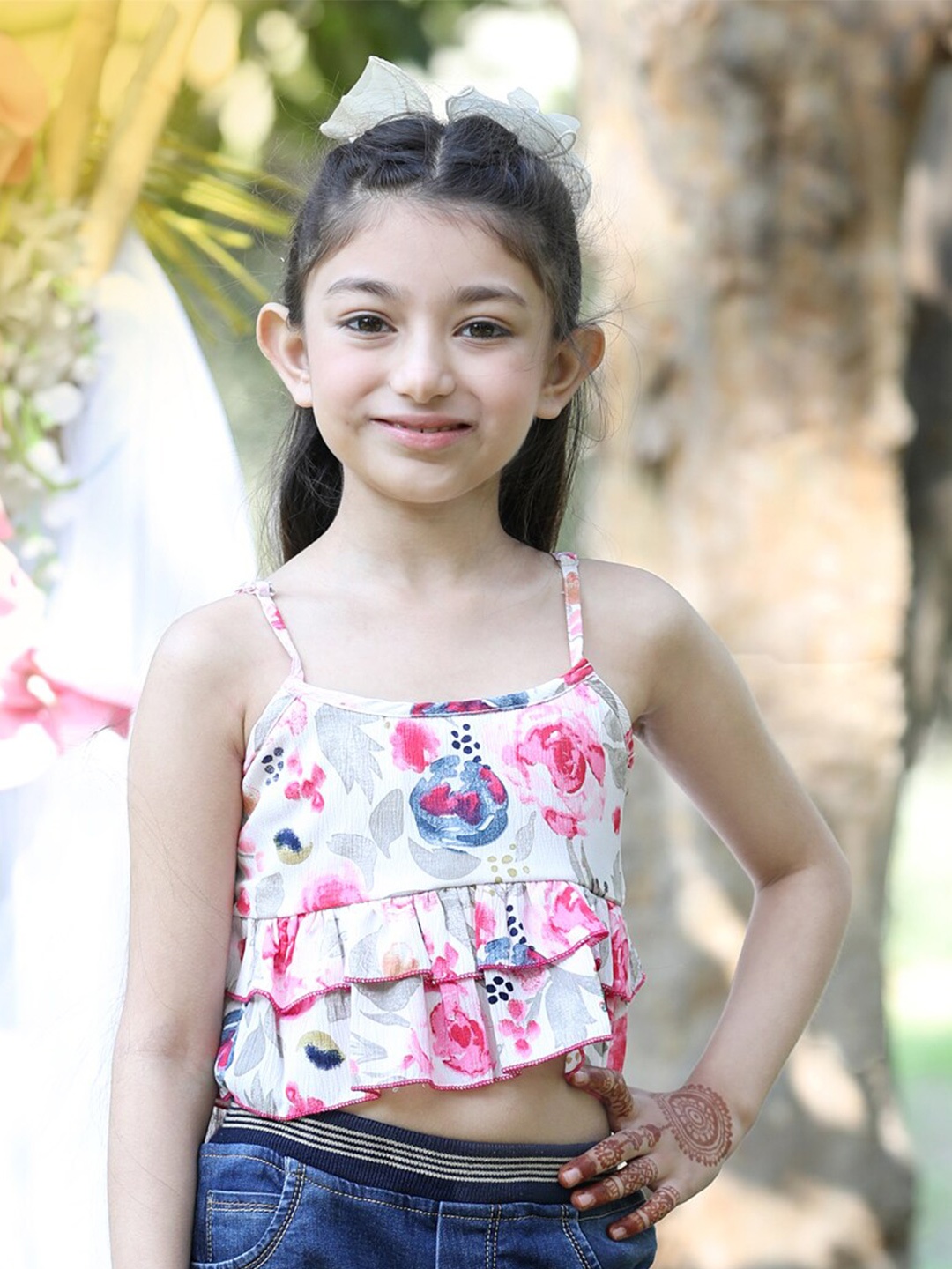 

Cutiekins Girls Floral Printed Shoulder Straps Layered Crop Top, White