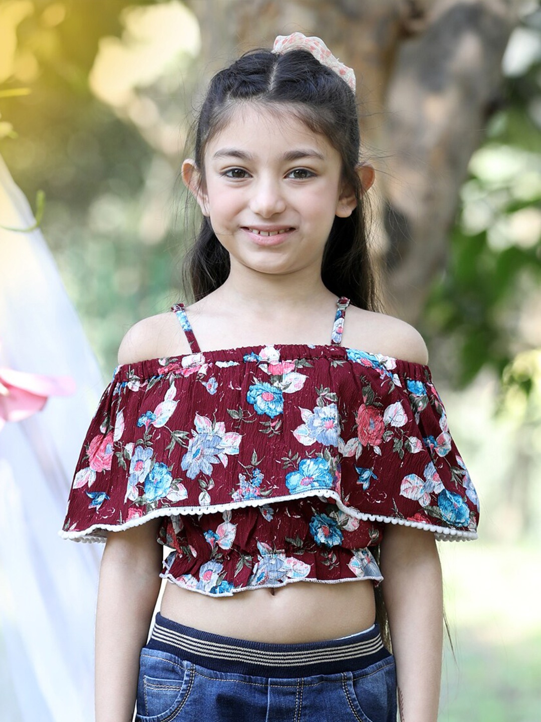 

Cutiekins Girls Floral Printed Shoulder Straps Cold-Shoulder Sleeves Layered Crop Top, Maroon