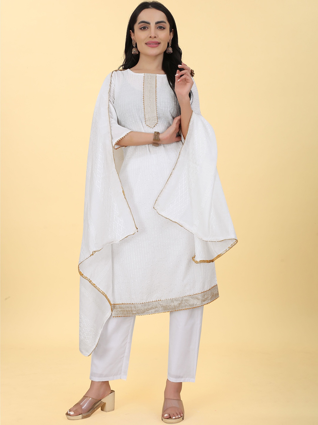 

Kiwie Striped Embroidered Regular Sequinned Kurta With Trousers & Dupatta, White