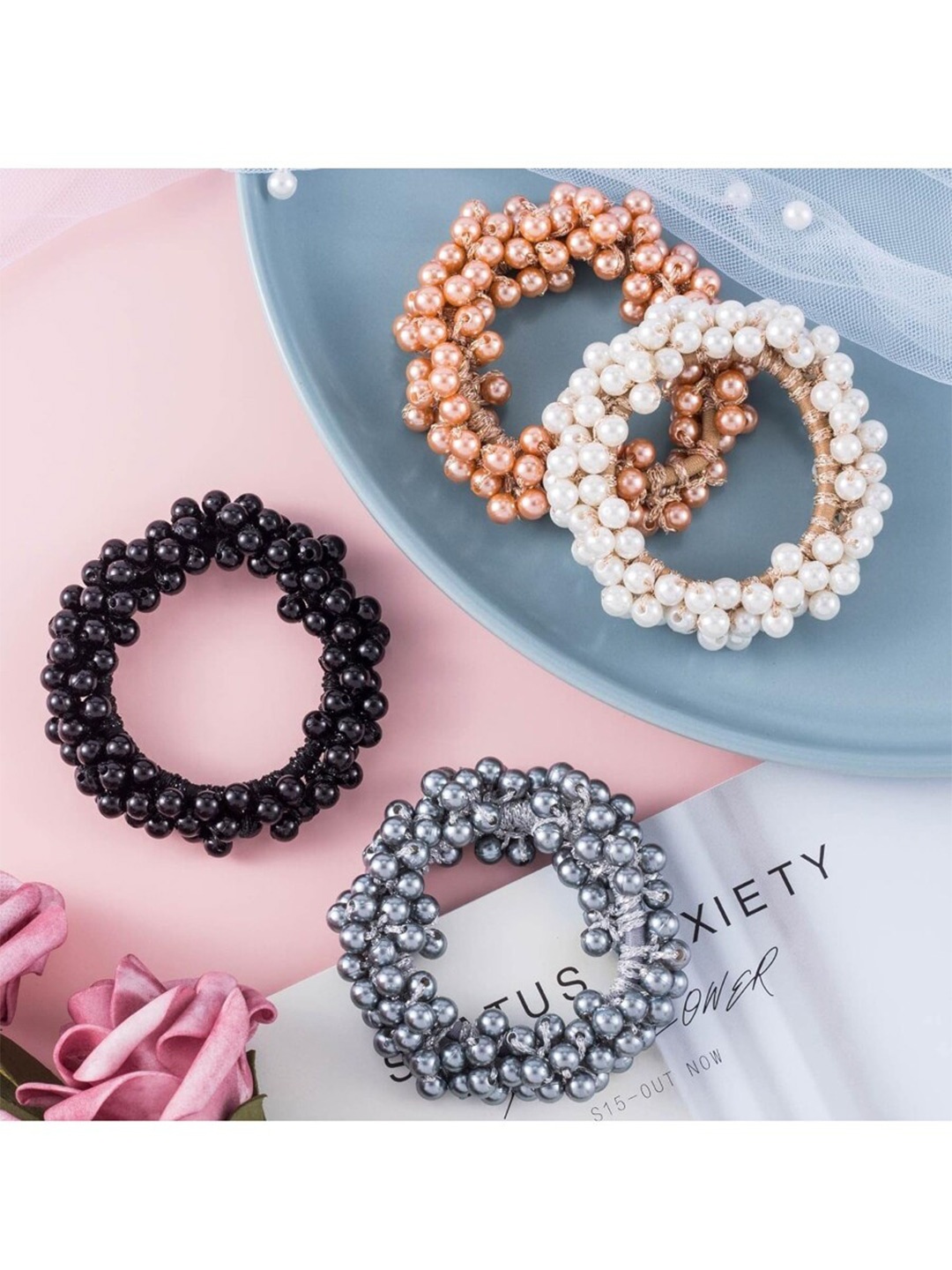 

EL REGALO Set of 4 Beaded Ponytail Holders, Black