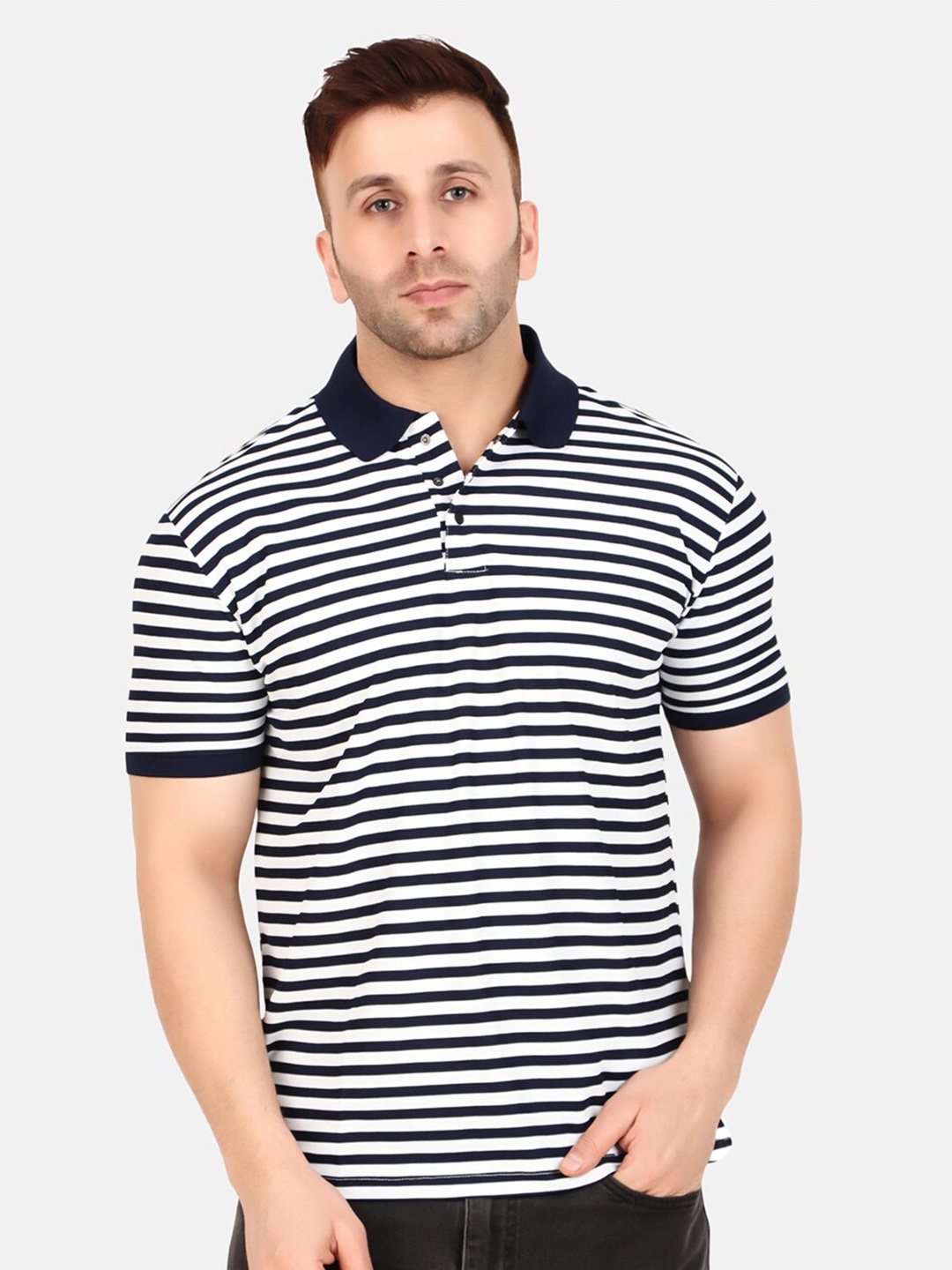 

WELL QUALITY Striped Polo Collar Short Sleeves Regular Fit T-shirt, Navy blue