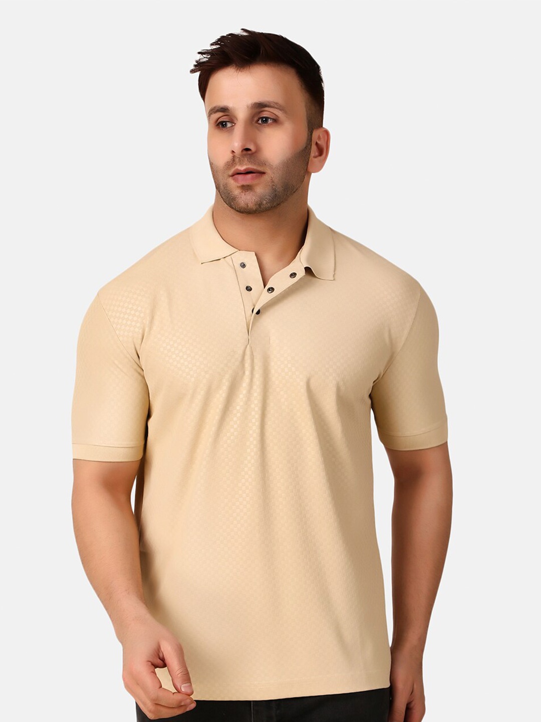 

WELL QUALITY Self Design Polo Collar Short Sleeves Regular Fit T-shirt, Beige