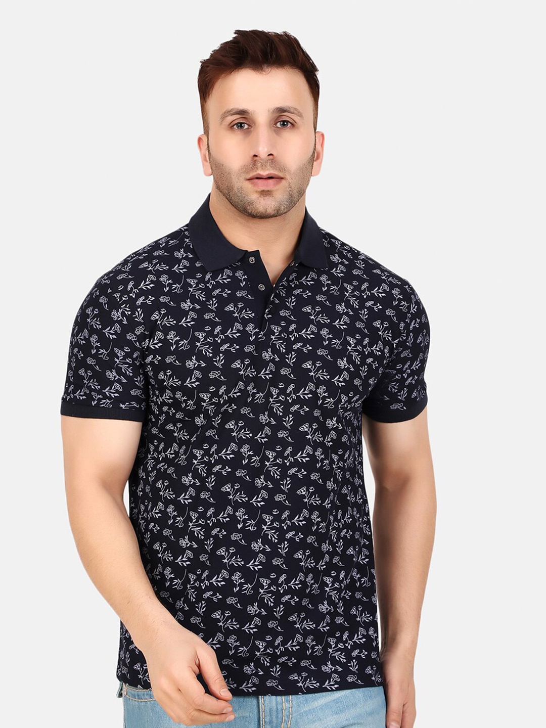

WELL QUALITY Printed Polo Collar Short Sleeves Regular Fit T-shirt, Navy blue