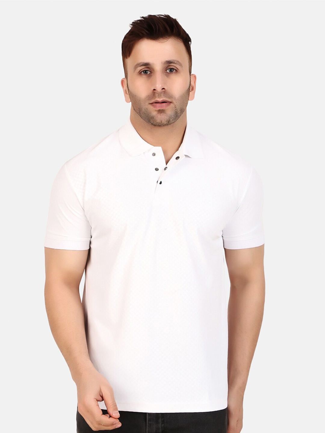 

WELL QUALITY Self Design Polo Collar Short Sleeves Regular Fit T-shirt, White