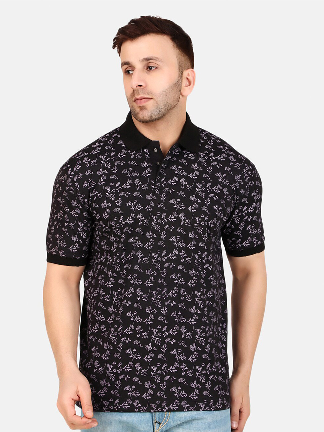 

WELL QUALITY Printed Polo Collar Short Sleeves Regular Fit T-shirt, Black