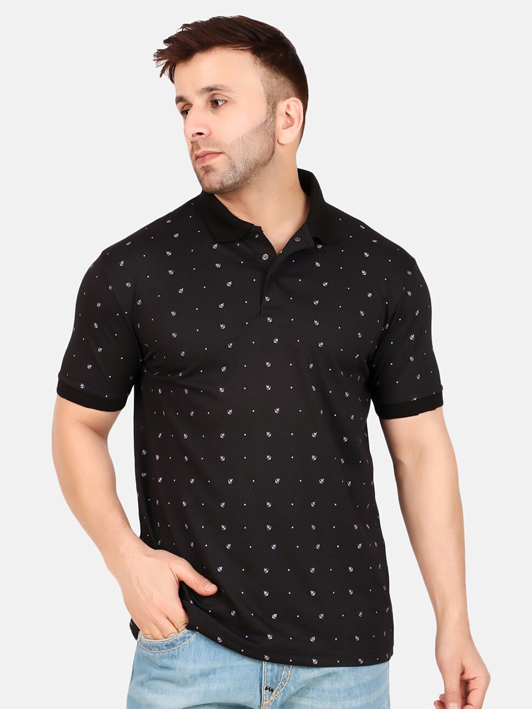 

WELL QUALITY Printed Polo Collar Short Sleeves Regular Fit T-shirt, Black