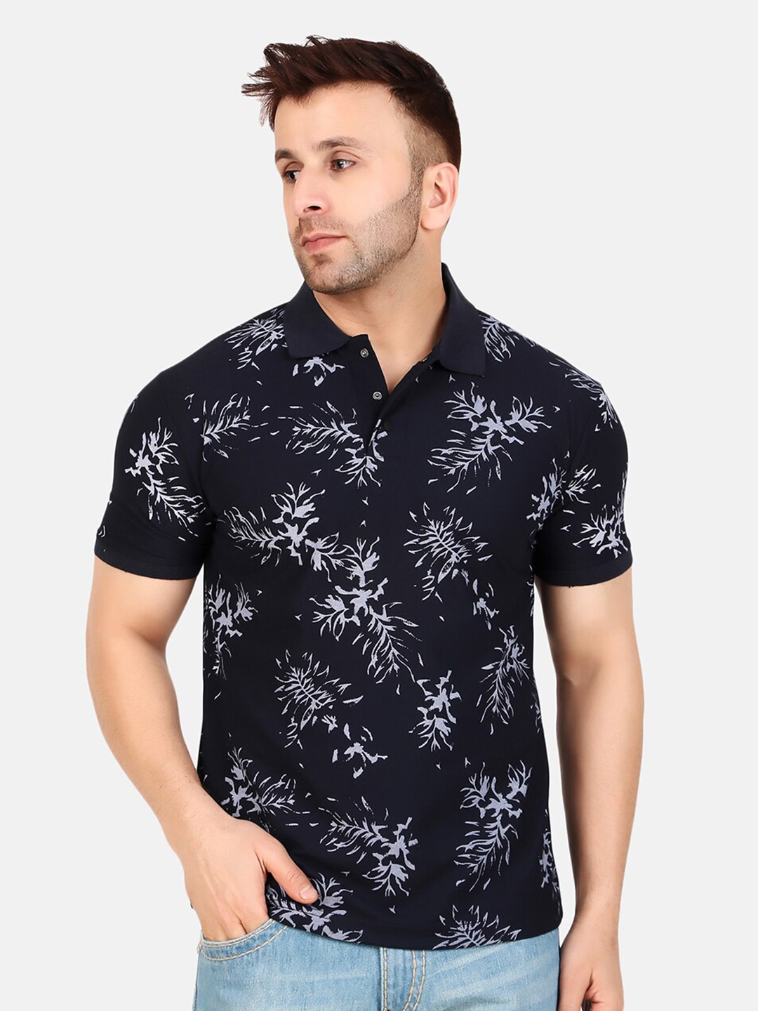 

WELL QUALITY Printed Polo Collar Short Sleeves Regular Fit T-shirt, Navy blue