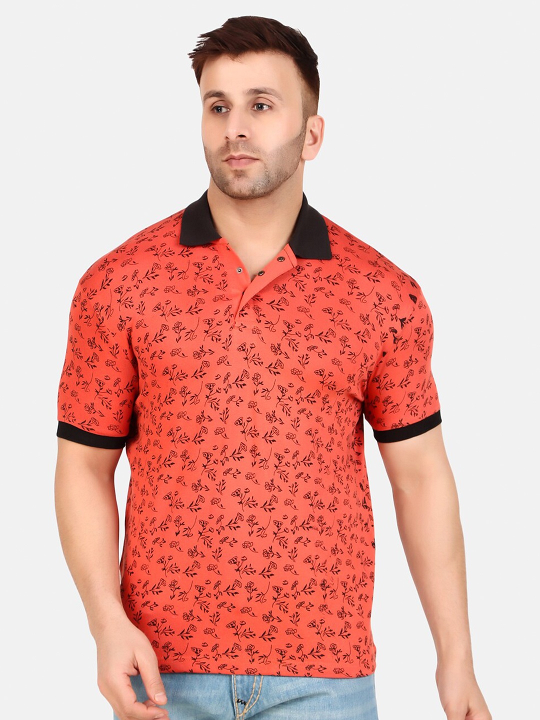 

WELL QUALITY Printed Polo Collar Short Sleeves Regular Fit T-shirt, Orange