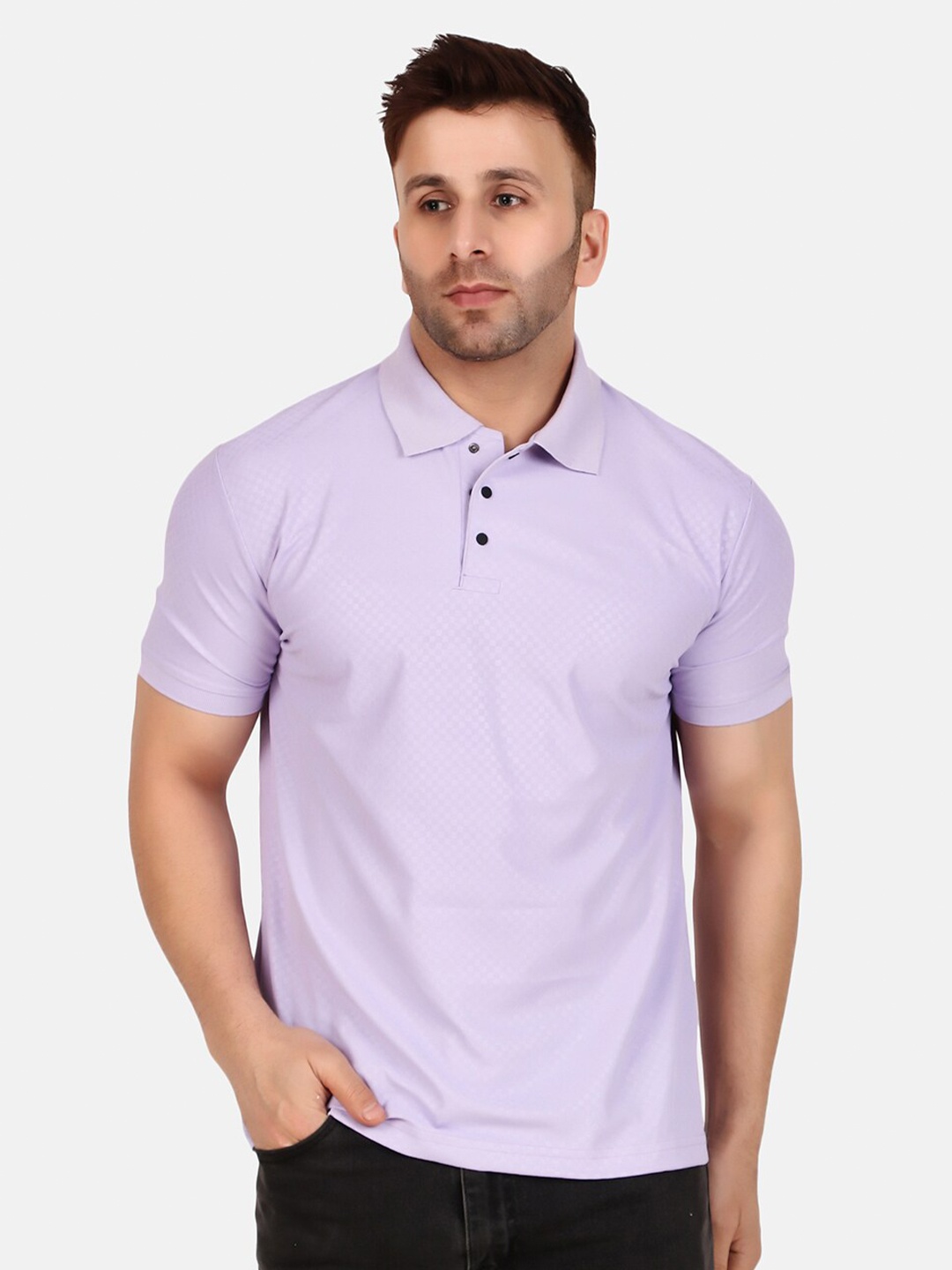 

WELL QUALITY Self Design Polo Collar Short Sleeves Regular Fit T-shirt, Purple