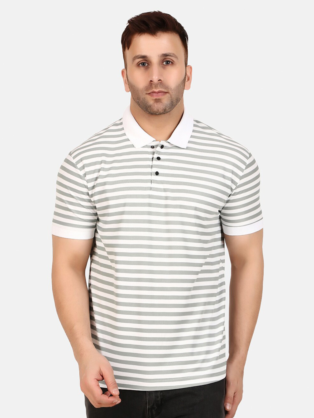 

WELL QUALITY Striped Polo Collar Short Sleeves Regular Fit T-shirt, White