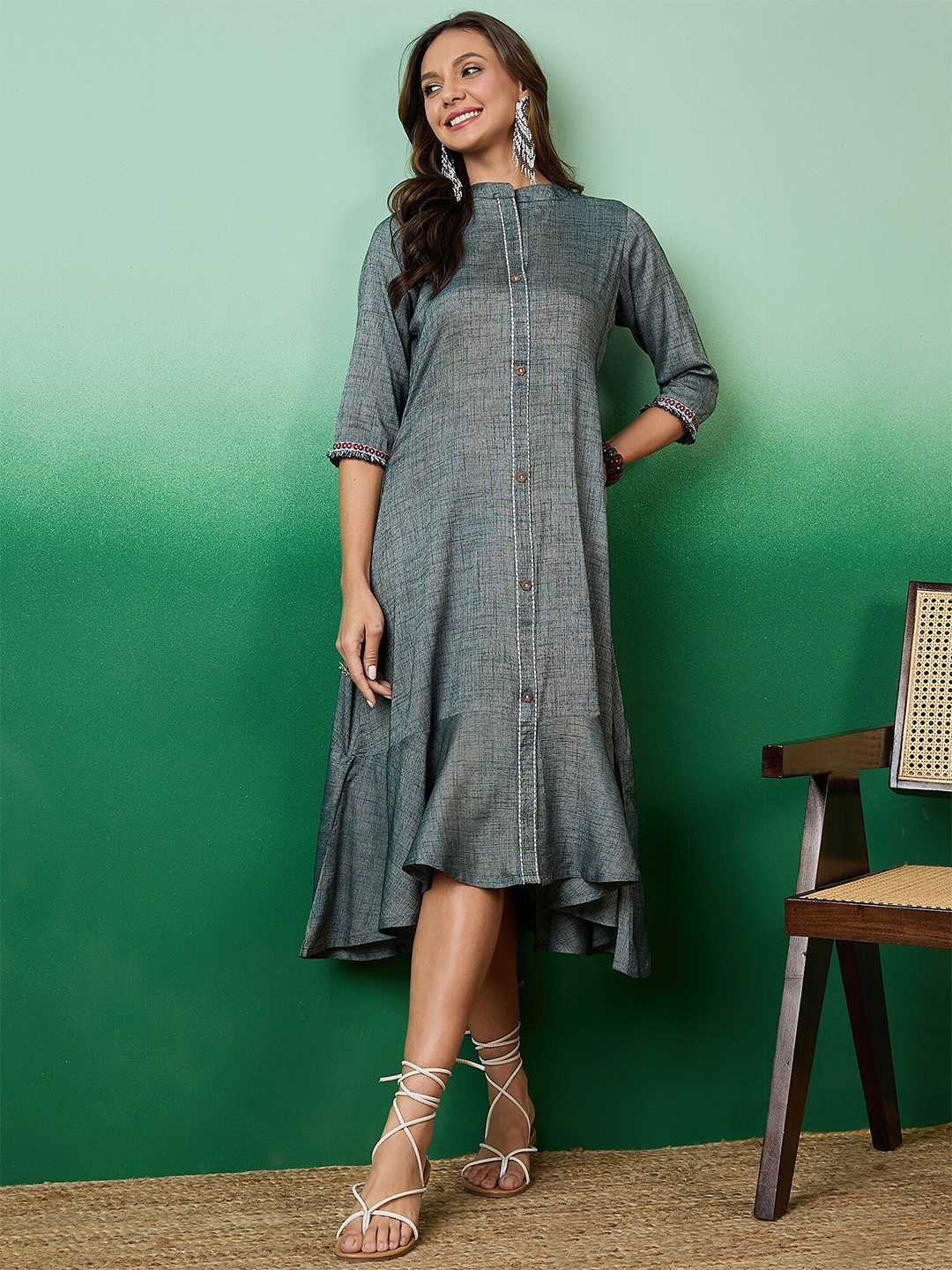 

Sangria Cotton Asymmetric Midi Ethnic Dress, Grey